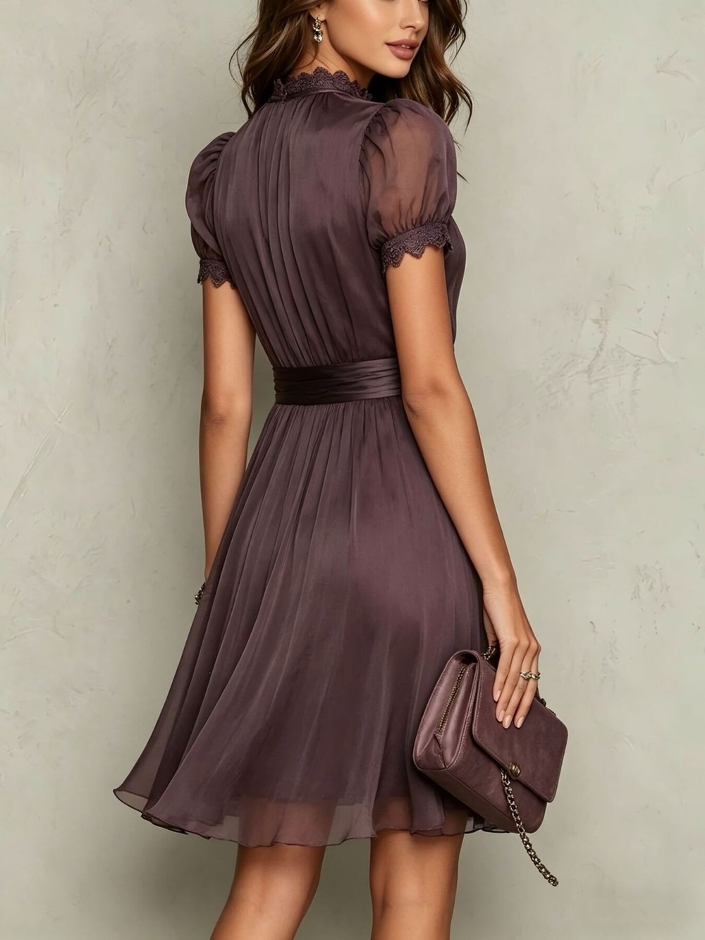 Full Size Lace Trim Puff Sleeve A-Line Dress Plus Size - Picture 4 of 5